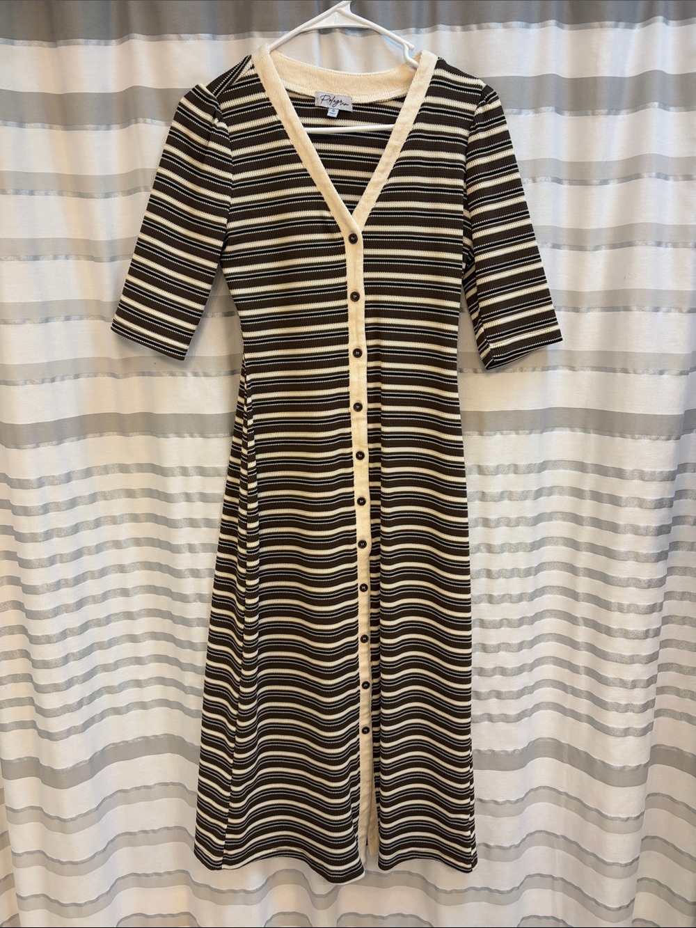 Polagram Black and Cream Striped Button-Front Midi Dress